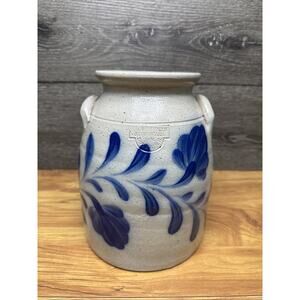 1994 Salmon Falls Stoneware Crock 8.25”Preserve Jar Cobalt Blue Floral ~w/ Chip
